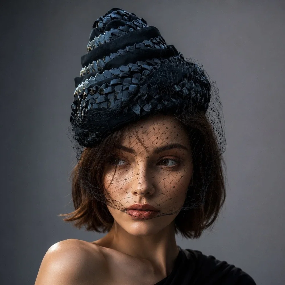 Vintage 50s Black Beehive Turban Hat Birdcage  Woven Tiered Mid Century Modern